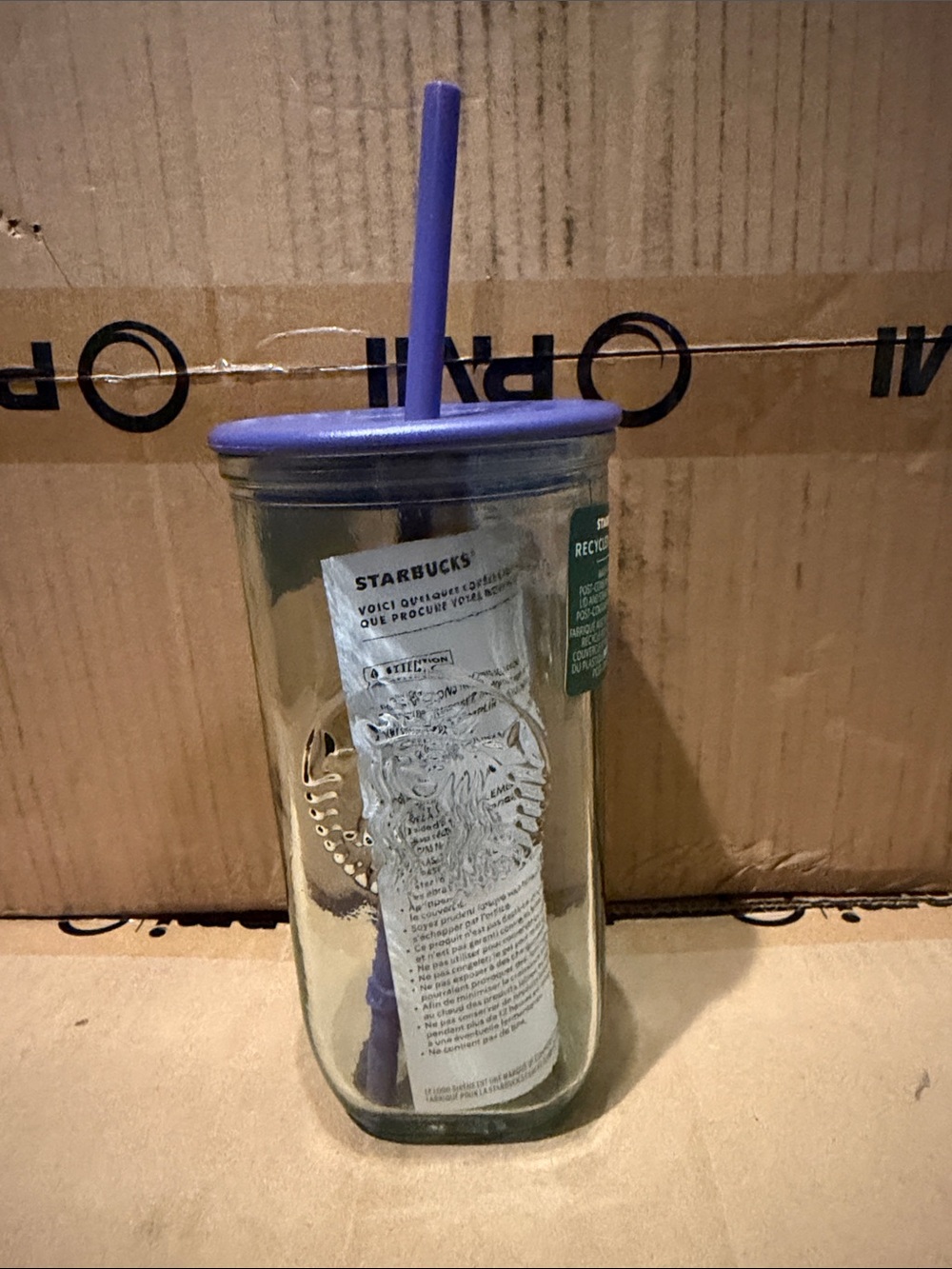 Starbucks Glass Tumbler with Purple Lid and Straw
